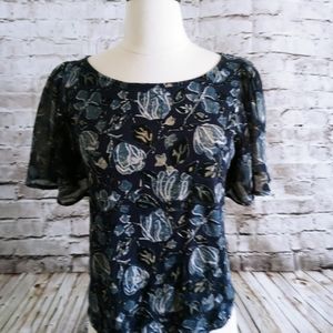 Lucky Brand Flutter Sleeve Floral Printed Blouse T